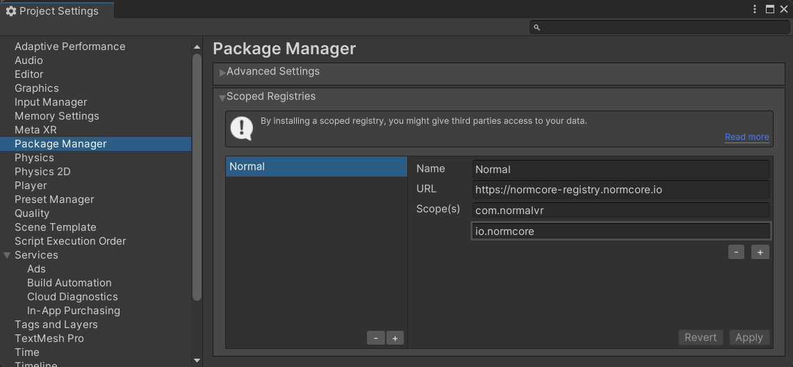 The Normal scoped registry information in the project settings window.
